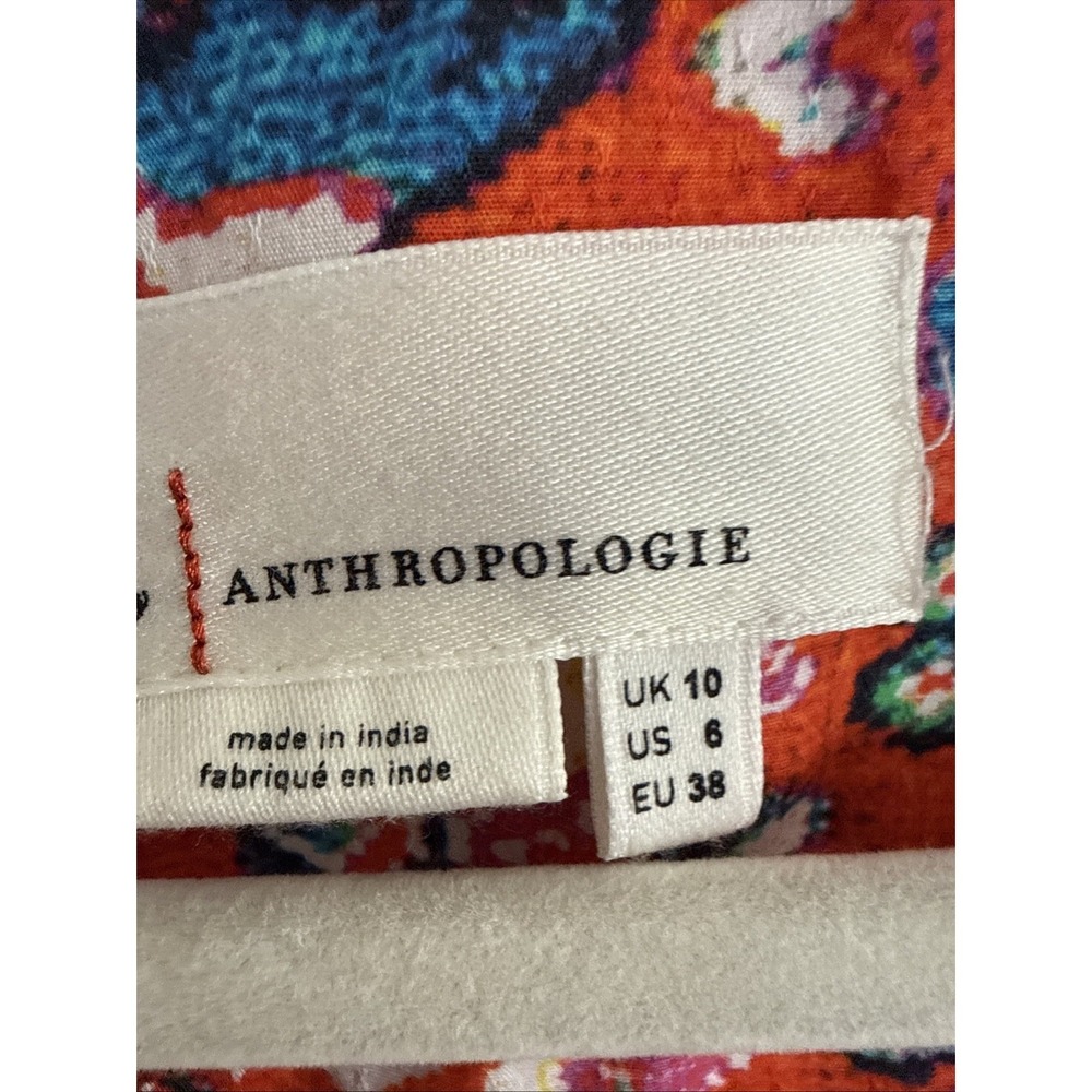 Anthropologie Paisley Midi Dress Womens 6 Orange Red Boho Puff Sleeve Side Slit - Picture 4 of 10